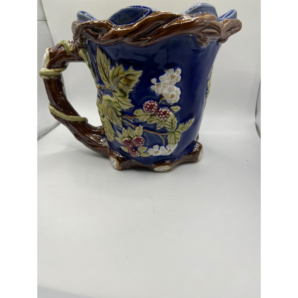 Blue‎ Floral Ceramic Pitcher Embossed Berry Vine Handle Decorative Vase